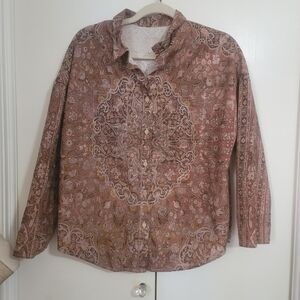 Long Sleeve Button-Up Paisley Print Top - Dusty Rose